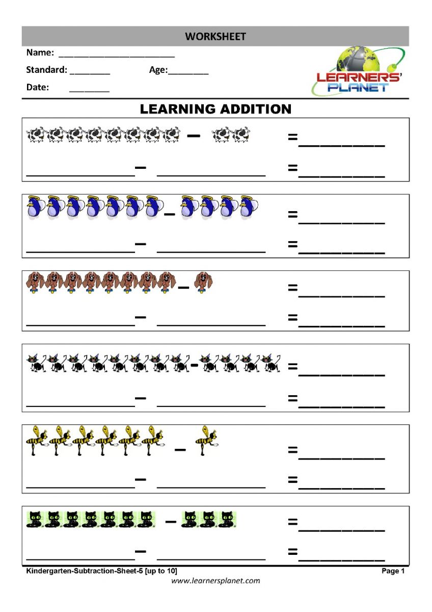 Picture subtraction kindergarten worksheets